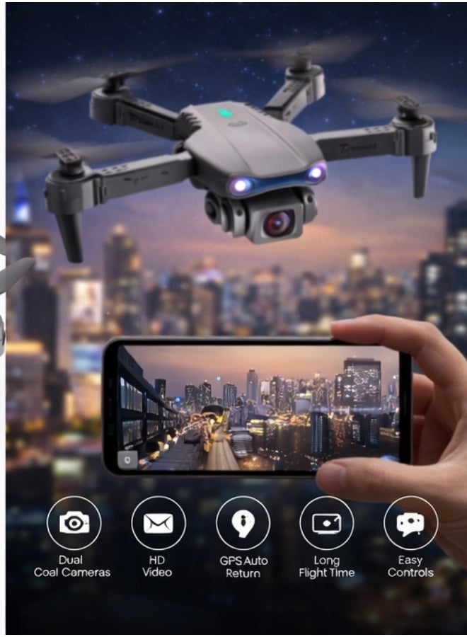 درون E99 بكاميرتين HD قابلة للطي – تحكم 2.4GHz مع بث مباشر عبر التطبيق – إضاءة LED – عودة بزر واحد – لون رمادي - Image 3